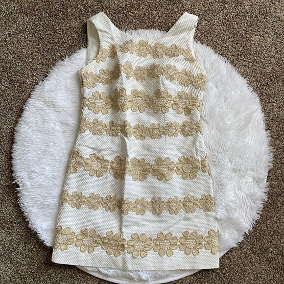 Lilly Pulitzer Tank Dress FLAW White Metallic Gold Floral Womens Size 2 - Picture 1 of 12